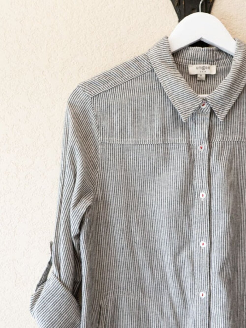 Umgee Stripe Tunic Womens M Button Up Lace Hem Roll Tab Sleeve Pockets High Low - Picture 3 of 13
